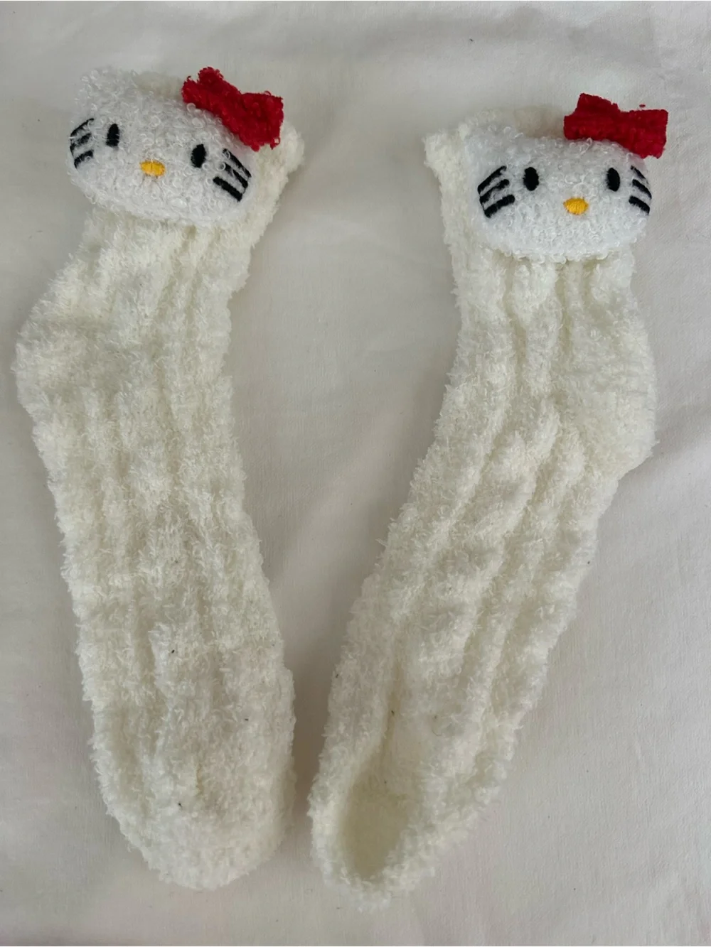 White Plush Kids socks with Cute Character and Red Bow